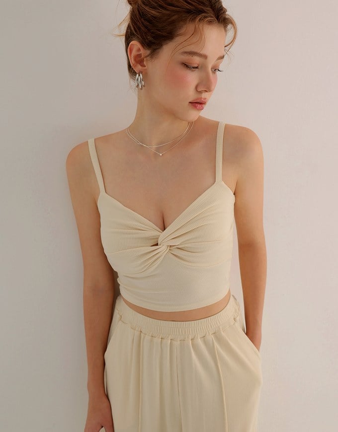 Twist Front V Neck Spaghetti Cami Top and Elastic Waist Relaxed Pants Setwear