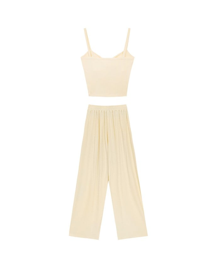 Twist Front V Neck Spaghetti Cami Top and Elastic Waist Relaxed Pants Setwear
