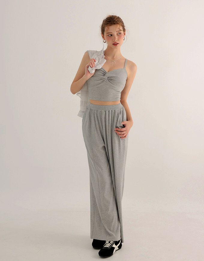 Twist Front V Neck Spaghetti Cami Top and Elastic Waist Relaxed Pants Setwear