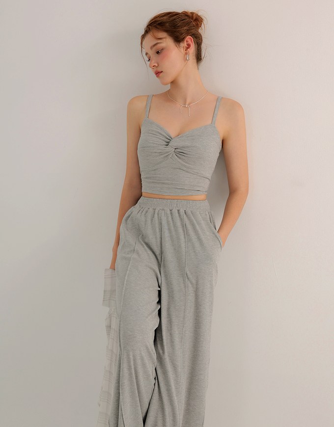 Twist Front V Neck Spaghetti Cami Top and Elastic Waist Relaxed Pants Setwear