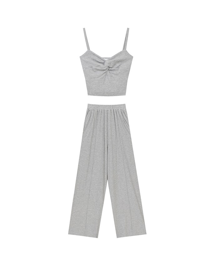 Twist Front V Neck Spaghetti Cami Top and Elastic Waist Relaxed Pants Setwear