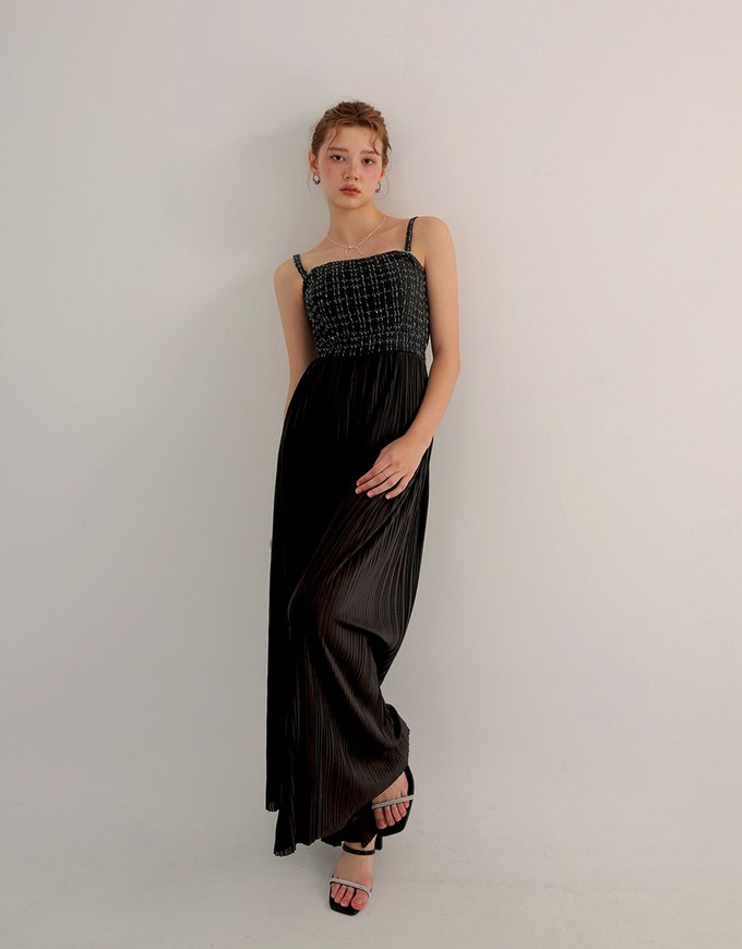 2 Way Tweed Pleated Wide Leg Jumpsuit with Removable Straps