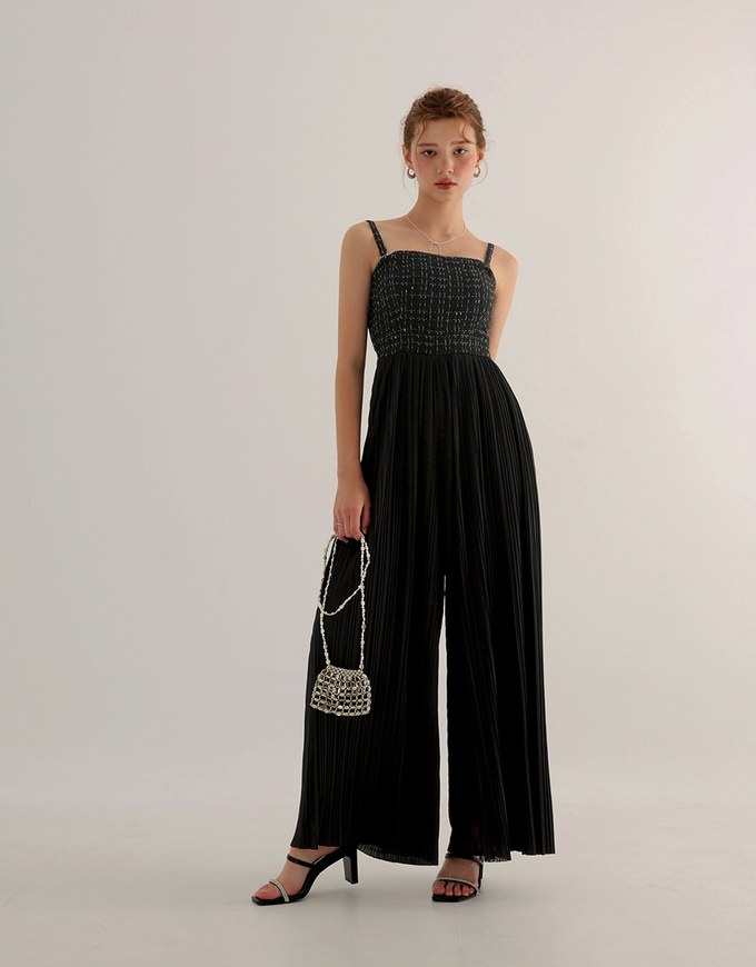 2 Way Tweed Pleated Wide Leg Jumpsuit with Removable Straps