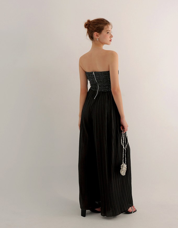 2 Way Tweed Pleated Wide Leg Jumpsuit with Removable Straps