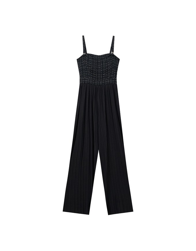 2 Way Tweed Pleated Wide Leg Jumpsuit with Removable Straps