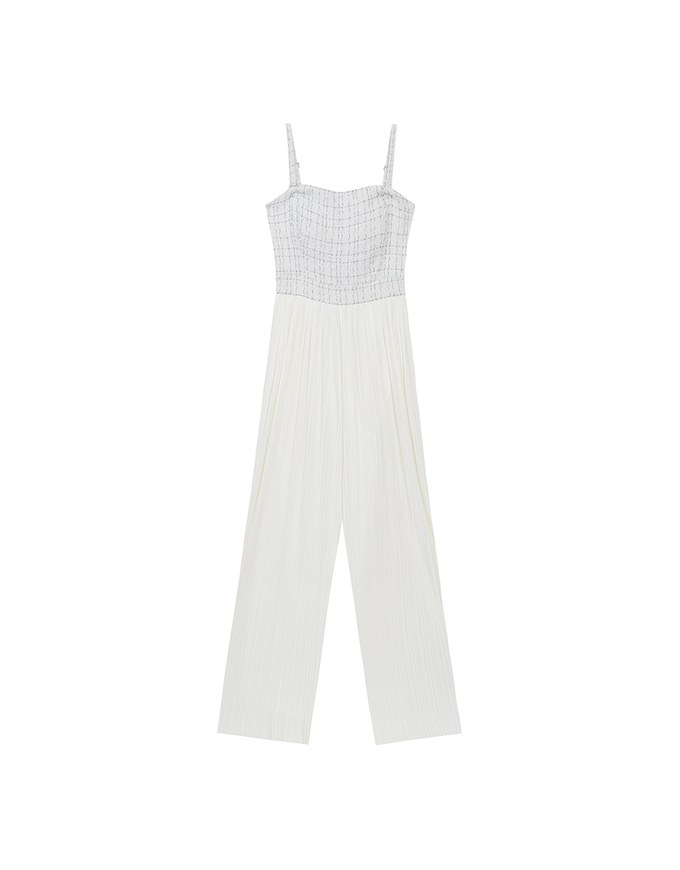 2 Way Tweed Pleated Wide Leg Jumpsuit with Removable Straps