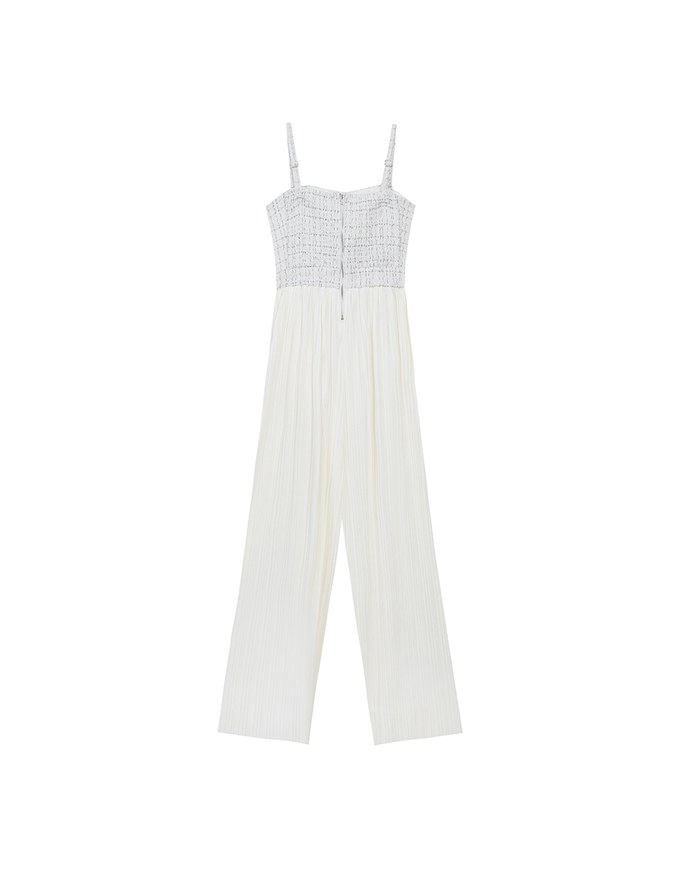 2 Way Tweed Pleated Wide Leg Jumpsuit with Removable Straps