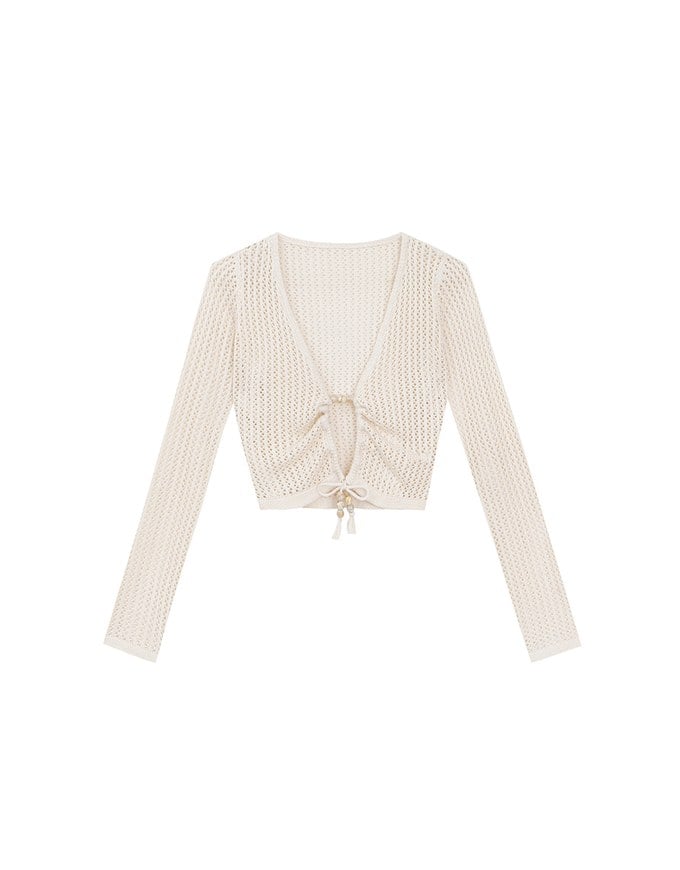 2 Way Ruched Openwork Crochet Knit Cardigan Top with Beaded Tassels