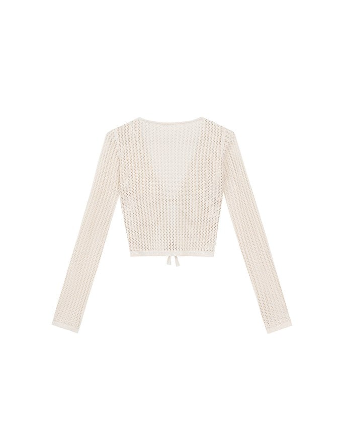 2 Way Ruched Openwork Crochet Knit Cardigan Top with Beaded Tassels