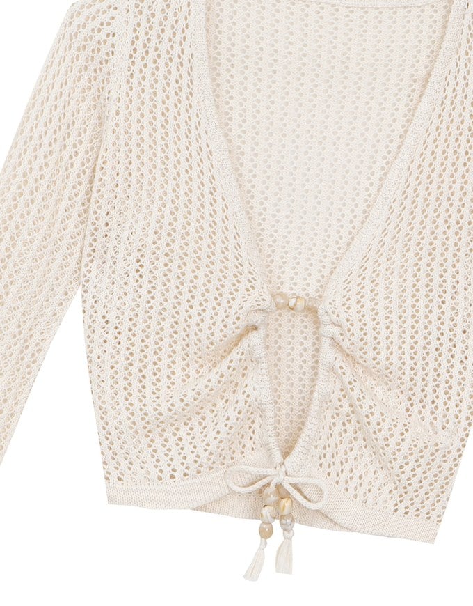 2 Way Ruched Openwork Crochet Knit Cardigan Top with Beaded Tassels