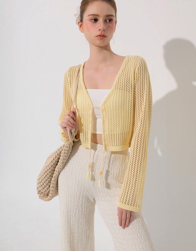 2 Way Ruched Openwork Crochet Knit Cardigan Top with Beaded Tassels