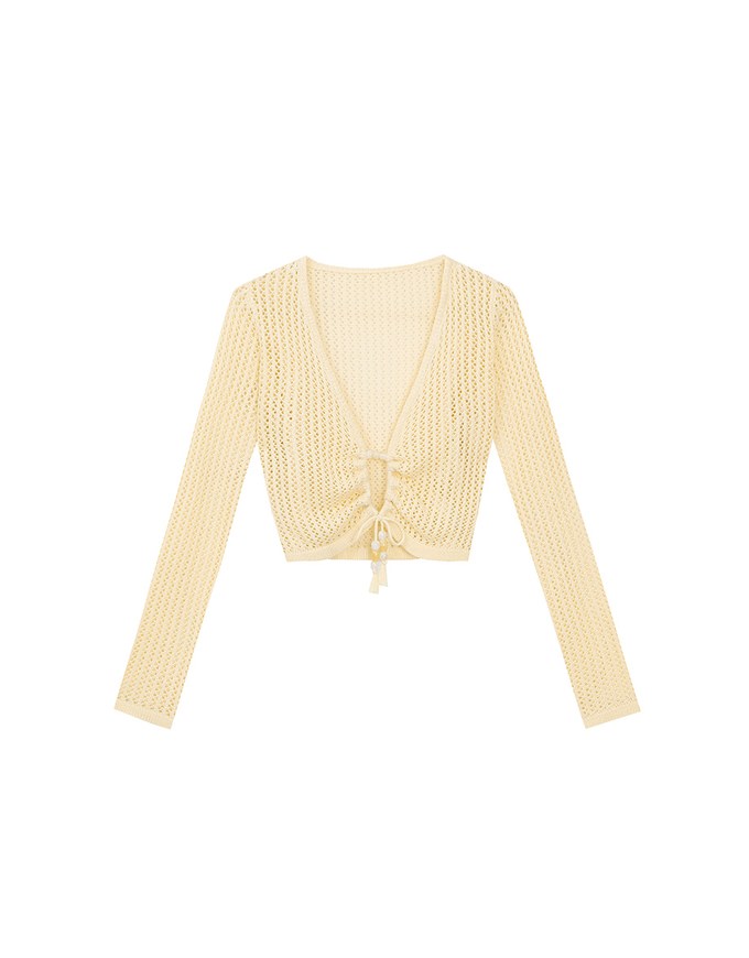 2 Way Ruched Openwork Crochet Knit Cardigan Top with Beaded Tassels