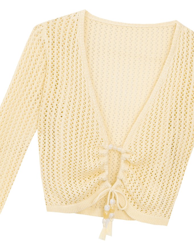2 Way Ruched Openwork Crochet Knit Cardigan Top with Beaded Tassels