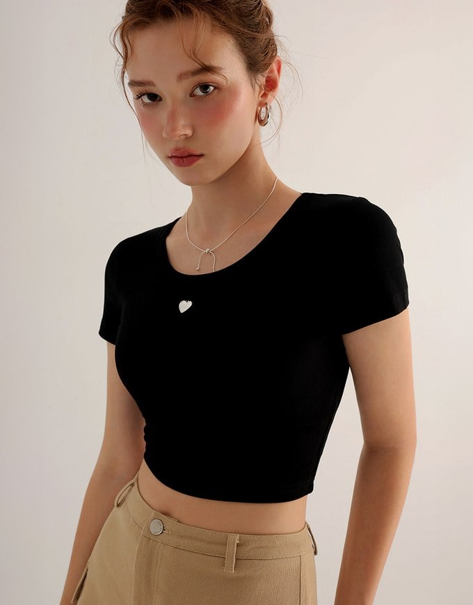 Ribbed Knit Crop Tee with Logo Heart Charm Accent