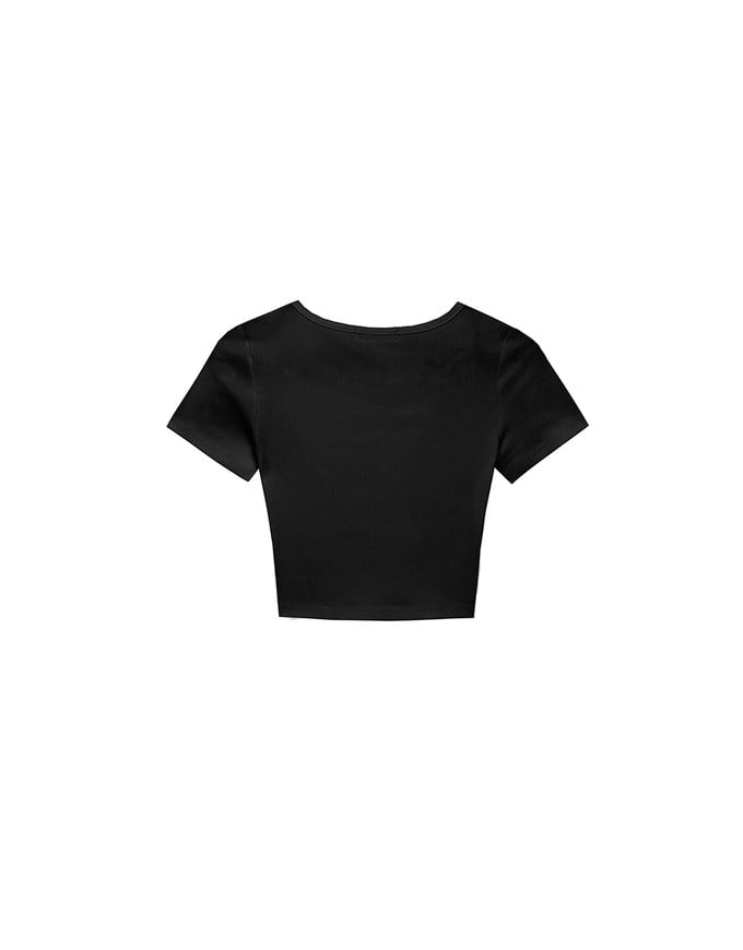 Ribbed Knit Crop Tee with Logo Heart Charm Accent