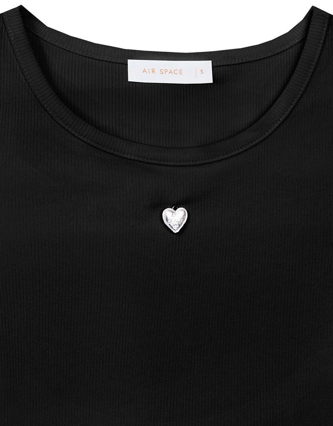 Ribbed Knit Crop Tee with Logo Heart Charm Accent