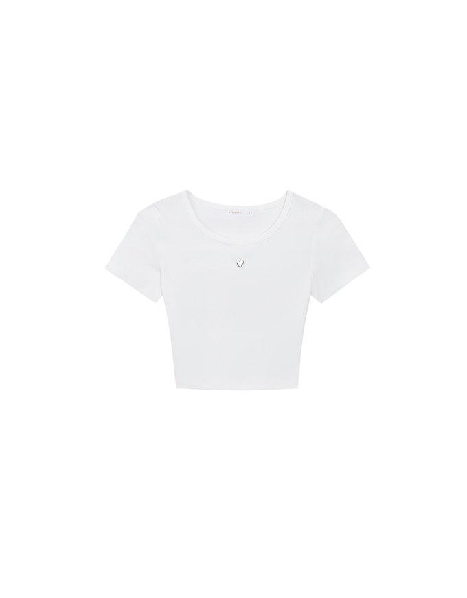 Ribbed Knit Crop Tee with Logo Heart Charm Accent