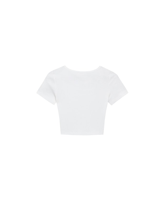 Ribbed Knit Crop Tee with Logo Heart Charm Accent