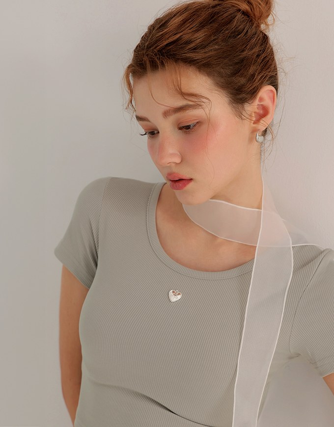 Ribbed Knit Crop Tee with Logo Heart Charm Accent