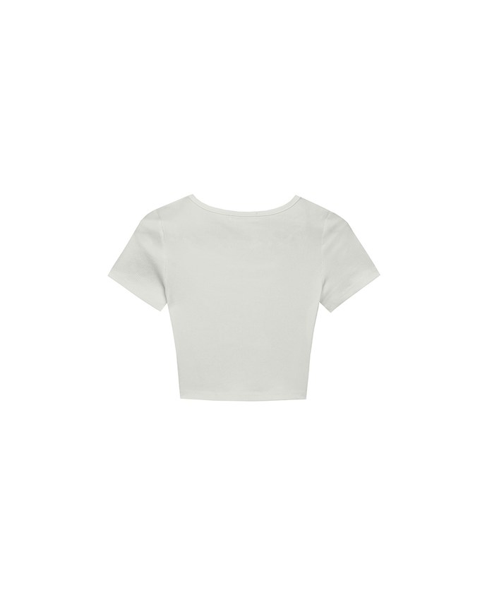 Ribbed Knit Crop Tee with Logo Heart Charm Accent