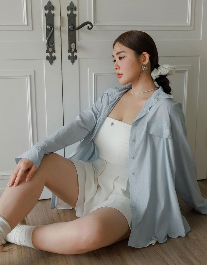 Skin Protection Sheer Button Up Oversized Blouse with Two Flap Pockets