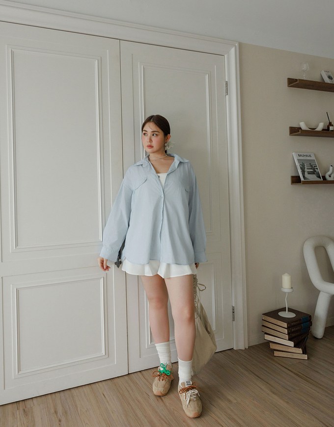 Skin Protection Sheer Button Up Oversized Blouse with Two Flap Pockets