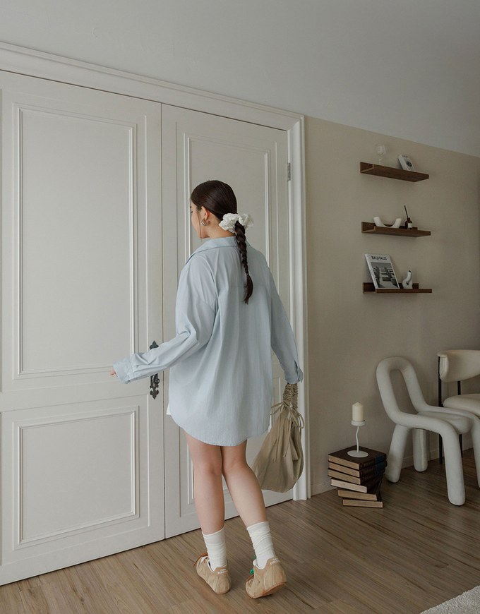 Skin Protection Sheer Button Up Oversized Blouse with Two Flap Pockets