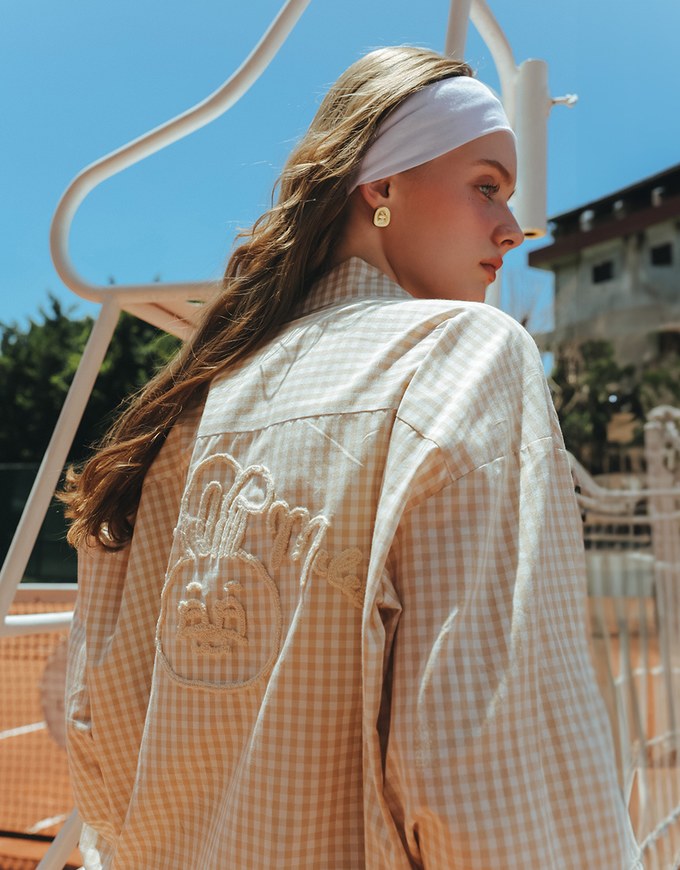 【Lyra & Toby】Embroidery Graphic Oversized Gingham Shirt Blouse