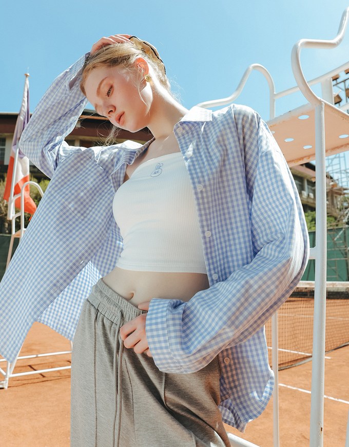 【Lyra & Toby】Embroidery Graphic Oversized Gingham Shirt Blouse