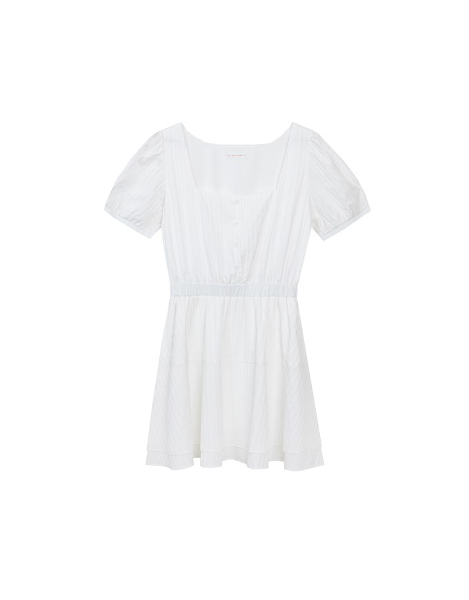 Square Neck Crinkled Texture Puff Sleeve Buttoned Up Mini Dress