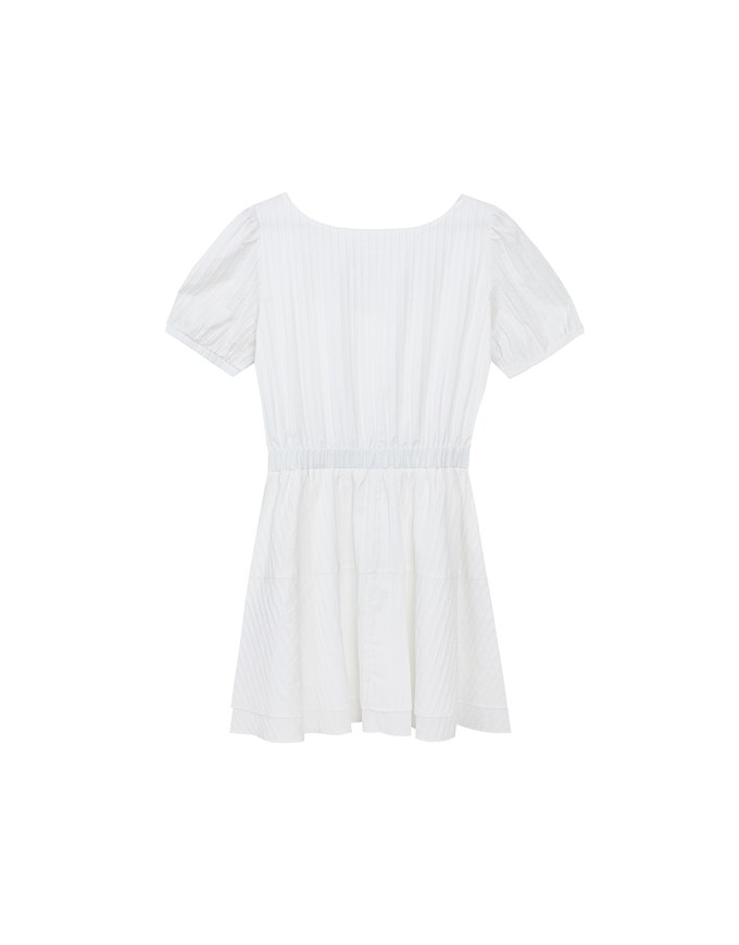 Square Neck Crinkled Texture Puff Sleeve Buttoned Up Mini Dress