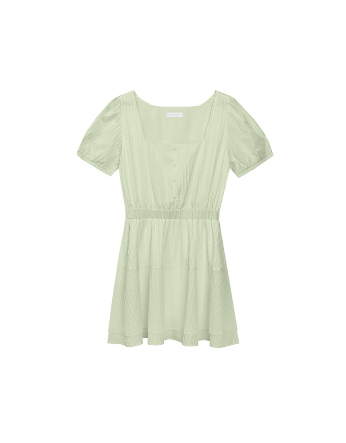 Square Neck Crinkled Texture Puff Sleeve Buttoned Up Mini Dress