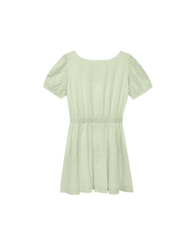 Square Neck Crinkled Texture Puff Sleeve Buttoned Up Mini Dress