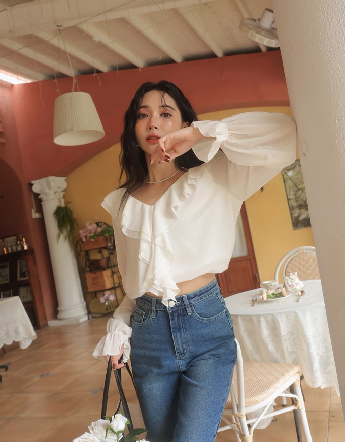 Long Sleeve V Neck Ruffled Sleeve Blouse