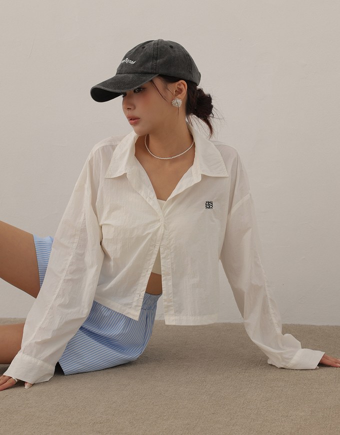 Skin Protection Sheer Button Up Cropped Blouse with AIR SPACE LOGO Embroidered
