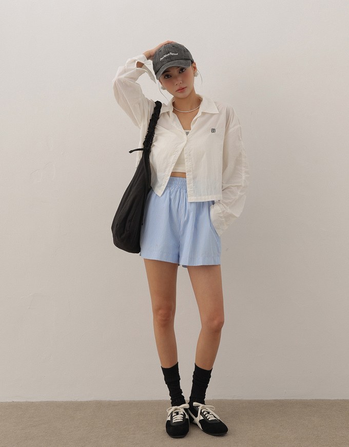 Skin Protection Sheer Button Up Cropped Blouse with AIR SPACE LOGO Embroidered