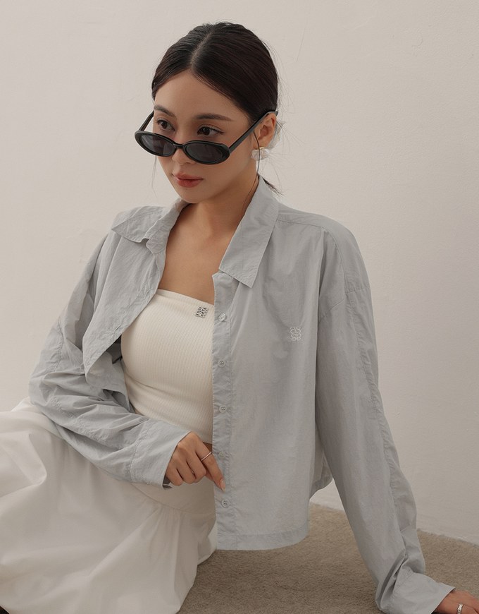Skin Protection Sheer Button Up Cropped Blouse with AIR SPACE LOGO Embroidered