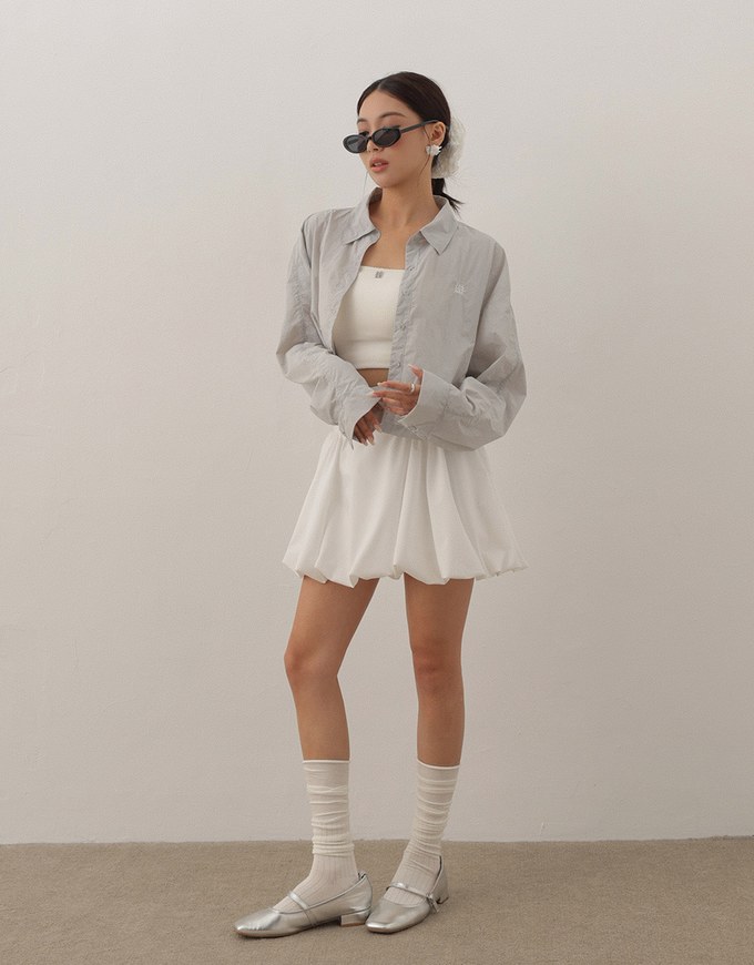 Skin Protection Sheer Button Up Cropped Blouse with AIR SPACE LOGO Embroidered