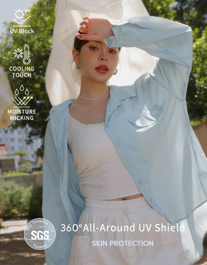 Skin Protection Sheer Button Up Oversized Blouse with Two Flap Pockets