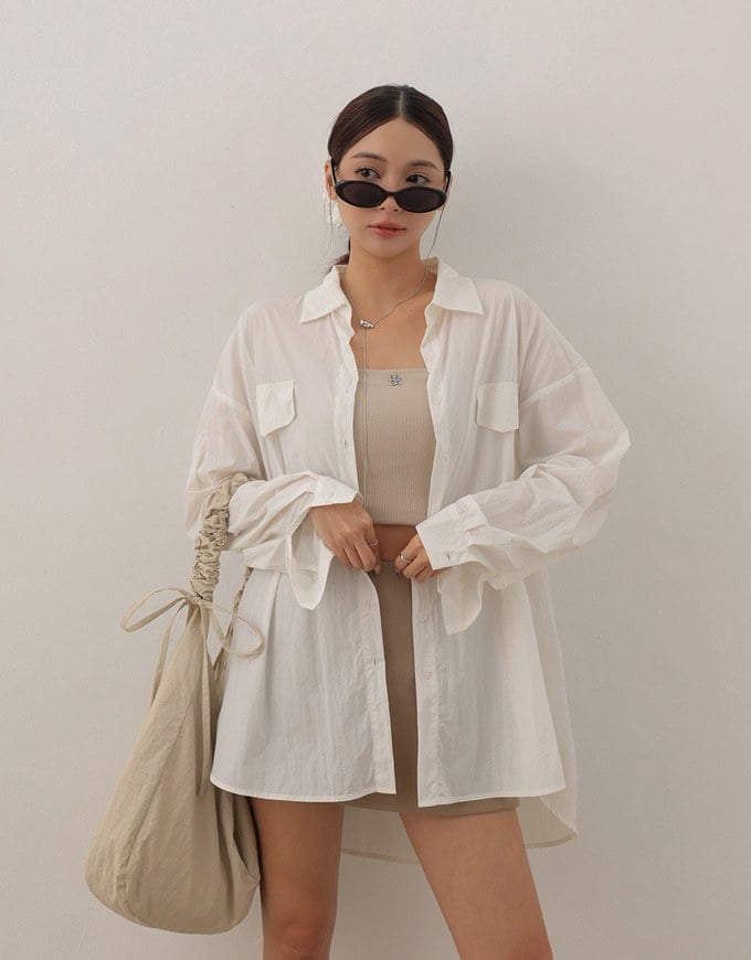 Skin Protection Sheer Button Up Oversized Blouse with Two Flap Pockets