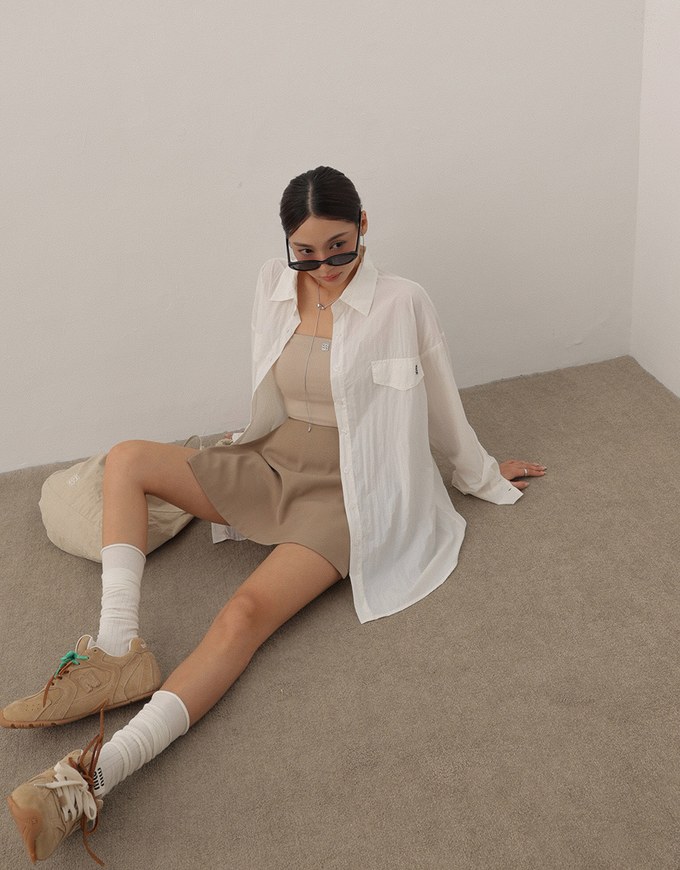 Skin Protection Sheer Button Up Oversized Blouse with Two Flap Pockets