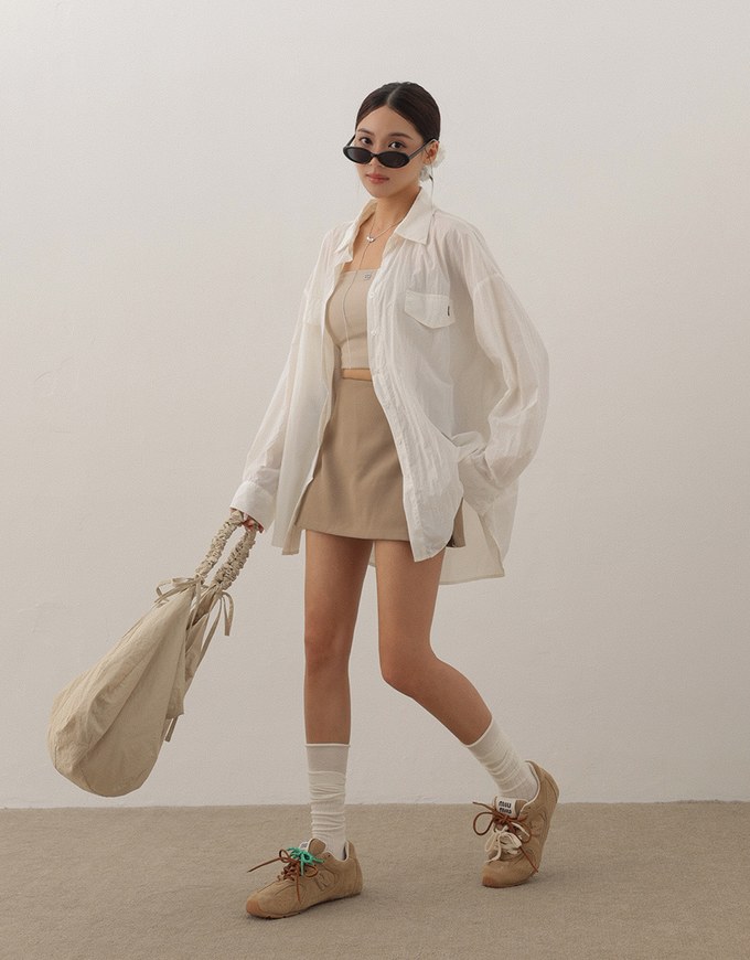 Skin Protection Sheer Button Up Oversized Blouse with Two Flap Pockets