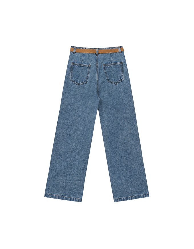 Retro High Waist Wide Leg Jeans Denim Pants with Belt
