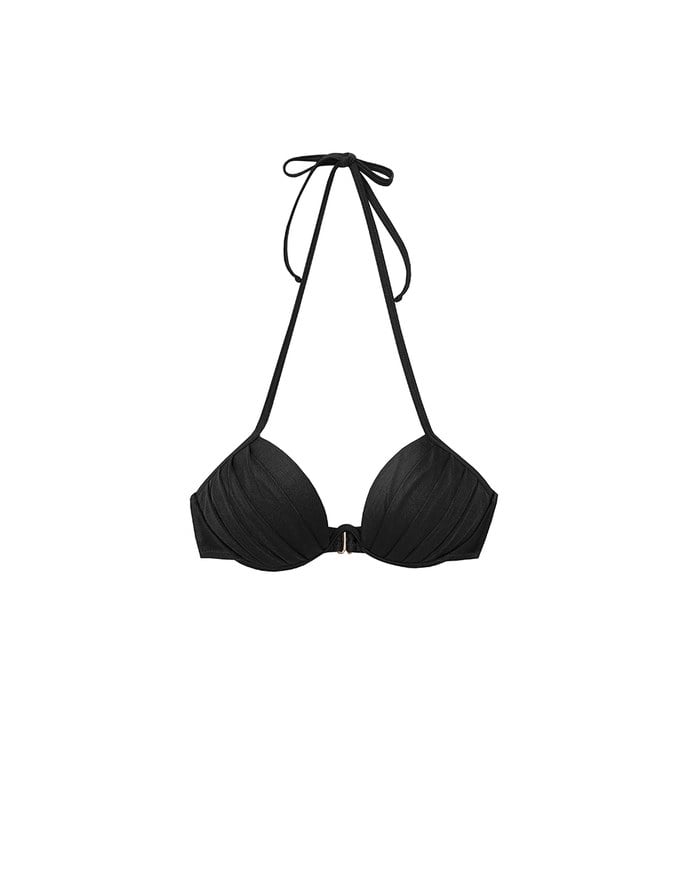 【PUSH UP】2 Way 3D Shaping W Underwire Glossy Push Up Halter Bikini Top