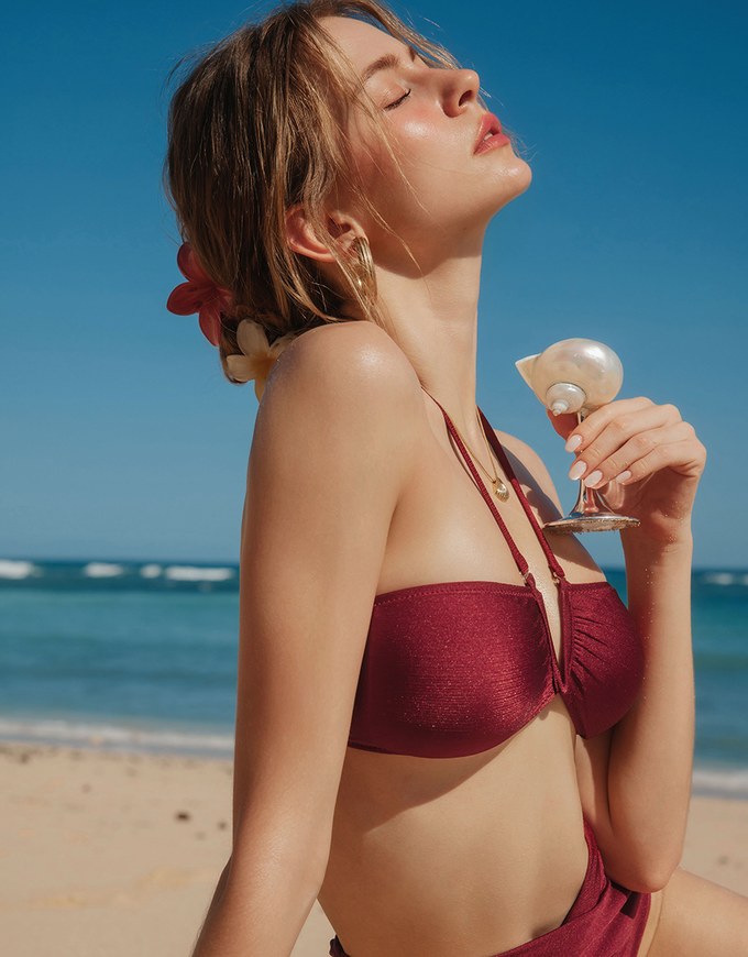 【PUSH UP】Multiway Glossy Crisscross Deep V Bandeau Bikini Top