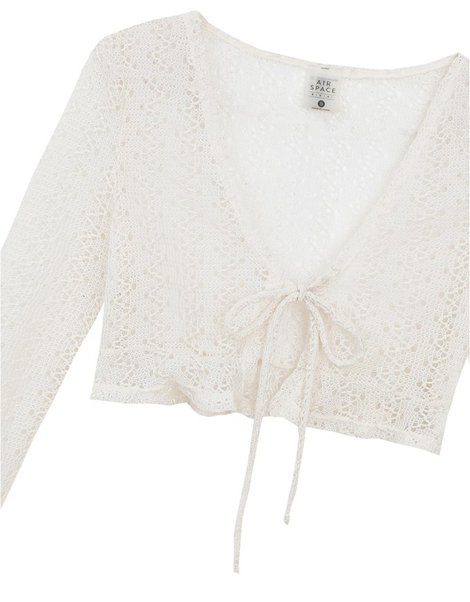Lace Crochet Sheer Tie Front Bikini Cover Up Shirt