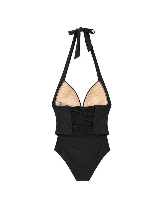 【SLIMMING】Corset Tie Back Push Up Halter Neck Shaping One Piece Swimsuit