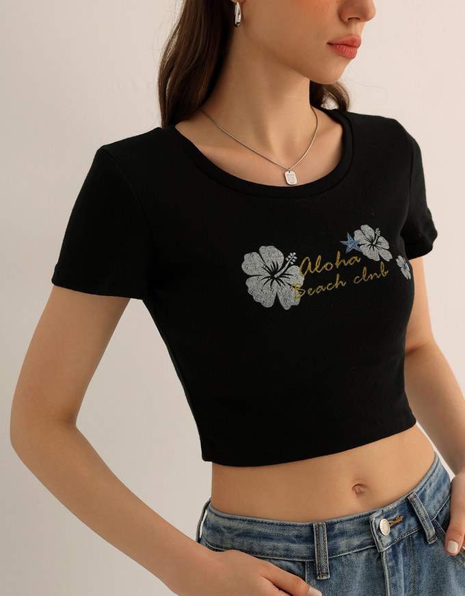 Aloha Beach Club Floral Embroidery Detail Ribbed Fitted Crop Top
