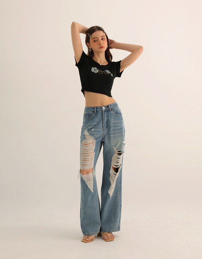 Aloha Beach Club Floral Embroidery Detail Ribbed Fitted Crop Top