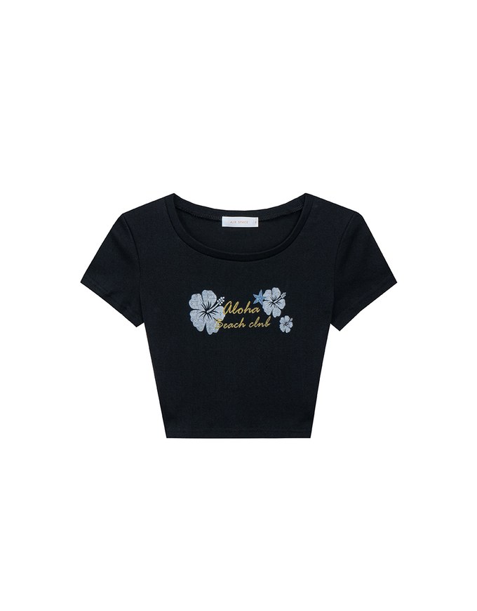 Aloha Beach Club Floral Embroidery Detail Ribbed Fitted Crop Top